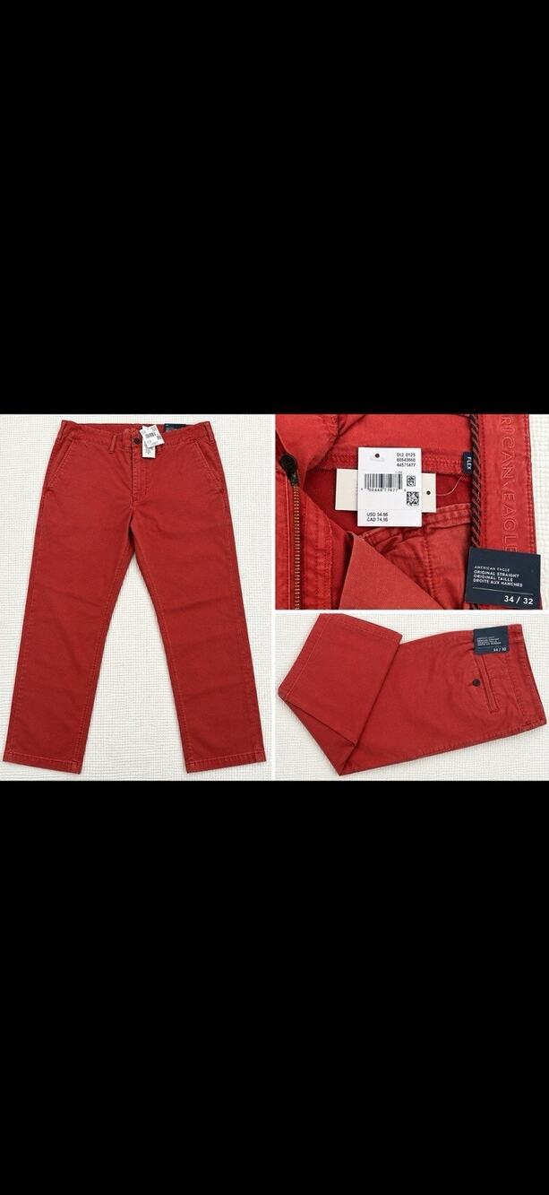American Eagle Red Twill Cotton Chino Pants Flat Front Straight Pockets 34